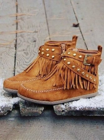 Vintage Fringe Studded Flat Round Toe Buckle Booties