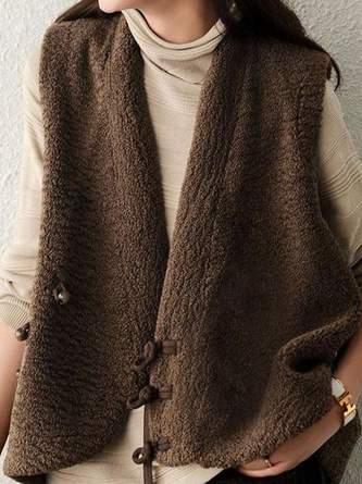 Coffee Embroideried Fur Vest Sleeveless Casual