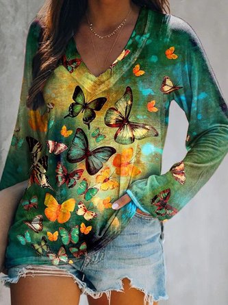 Butterfly Casual V Neck Loose T-Shirt