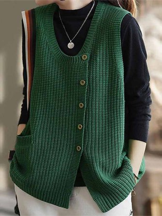 Women Winter Knitted Button Sleeveless Vest Waistcoat Sweater