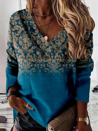 Ethnic Long Sleeve V Neck Casual Sweatshirt