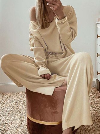 Plain Long Sleeve Plus Size Casual Two Piece Sets
