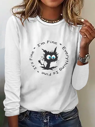 Casual Cat Printed Crew Neck T-Shirt