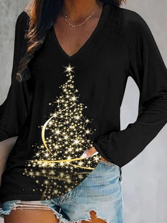 Casual Christmas Trees Long Sleeve V Neck Printed Tops T-shirts TUNIC