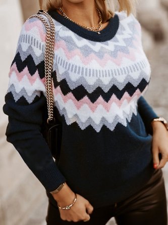 Geometric Wool/Knitting Crew Neck Plus Size Sweater