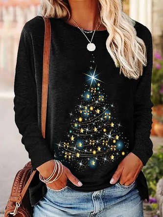 Casual Christmas Trees Long Sleeve Crew Neck Printed Tops T-shirts
