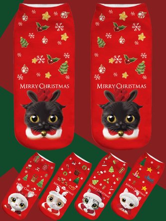 Red Cotton Black Cat Pattern Socks Christmas Holiday Party Accessories Matching Xmas Socks