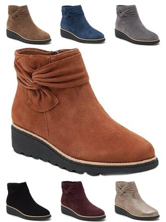 Comfortable Soft Leather Bow Round Toe Low Heel Booties