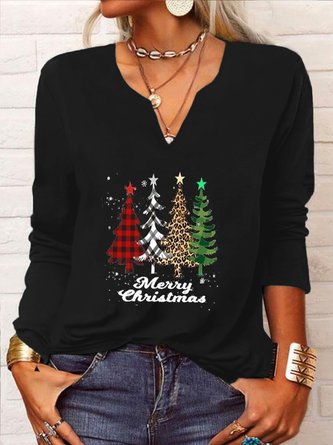 Casual Christmas Trees Long Sleeve V Neck Printed Top T-shirt Xmas T-shirt