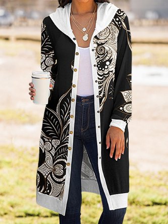 Paisley Hoodie Long Sleeve Buttoned Casual Coat