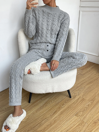 Casual Plain Half Turtleneck Two-Piece Set