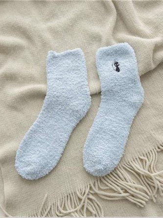 Casual Solid Color Cat Embroidered Pattern Cotton Coral Fleece Socks Home Daily Commute Accessories
