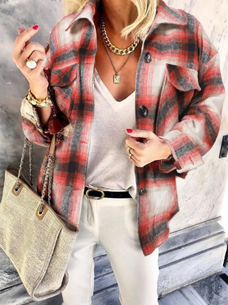 Women Vacation Checked/Plaid Winter Polyester Natural Mid-weight Daily Statement Long sleeve Jacket