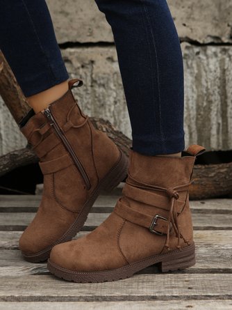 Comfort Soft Leather Vintage Round Toe Side Zip Lace-Up Low Heel Booties