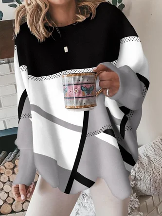 Casual Loose Crew Neck H-Line Jersey Geometric Long Sleeve Sweatshirt