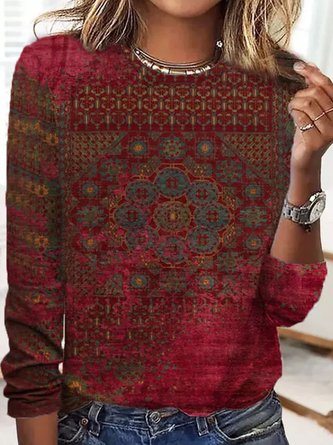 Casual Ethnic Winter Daily Loose Crew Neck Regular H-Line Regular T-shirt for Women