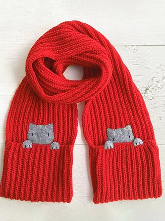 Casual Red Wool Webbing Pocket Cat Pattern Long Scarf