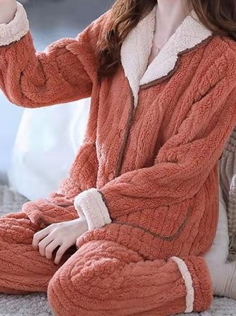 Colorblock Lapel Coral Fleece Home Warm Loose Plus Size Pajama Set