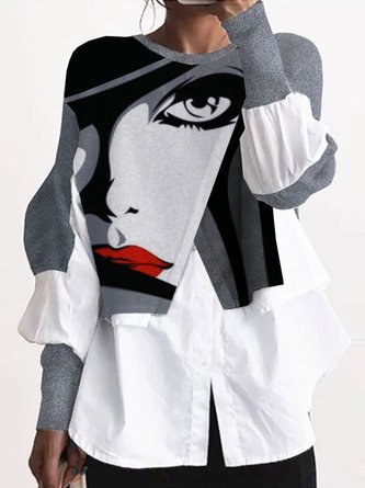 Figure Color Block Crew Neck Loose Casual Tunic Top