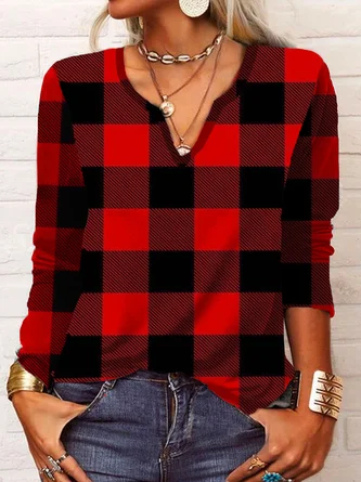 Casual Loose Plaid Long sleeve V neck T-Shirt
