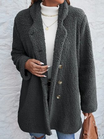 Long Sleeve  Lapel Collar Casual Plain Teddy Jacket