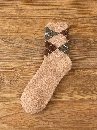 Casual Home Check Stripe Pattern Coral Fleece Socks Daily Commute Accessories