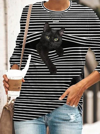 Women's Cat Print Top Crew Neck Cotton-blend Striped Cartoon Casual Outdoor Hoodies