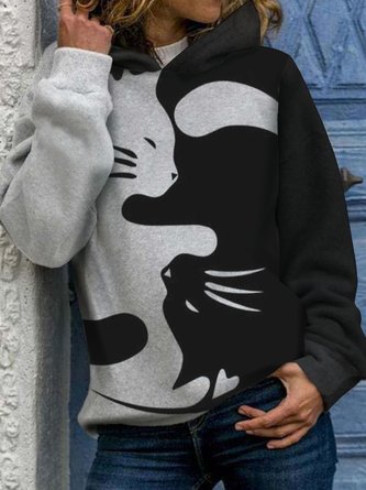 Cat Color Block Hoodie Casual Loose Sweatshirt
