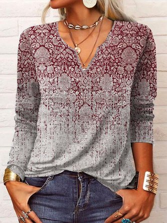 Plus Size Ethnic Long Sleeve Notched Casual T-Shirt