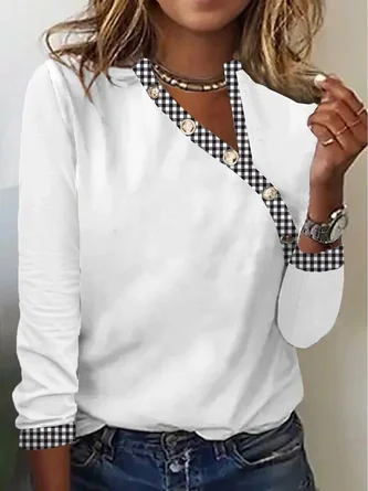 Asymmetrical Neck Design Loose Casual Long sleeve Plaid V neck T-Shirt