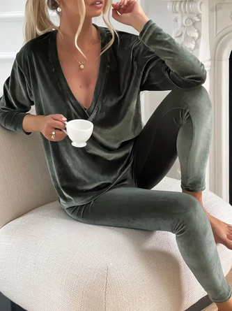 Plain V Neck Velvet Two-Piece Set
