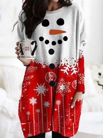 Plus Size Christmas Snowman Snowflake Long Sleeve Crew Neck Pockets Casual T-Shirt