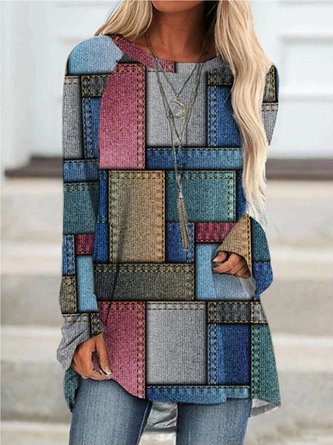 Color Block Casual Long sleeve Loose T-Shirt TUNIC