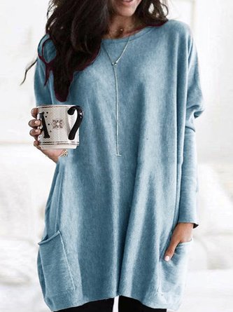 Plus Size Casual Pockets Long Sleeve Solid Top