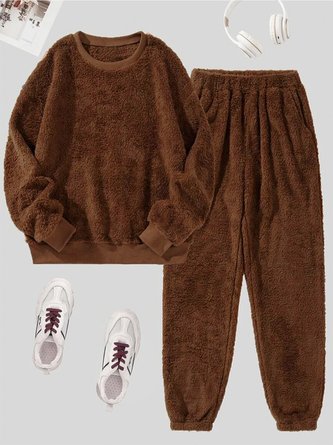 Plain Long Sleeve Casual Crew Neck Two-Piece Set