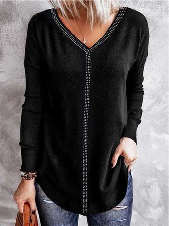 Casual JerseyV neck  Hot Drilling Plain T-Shirt TUNIC
