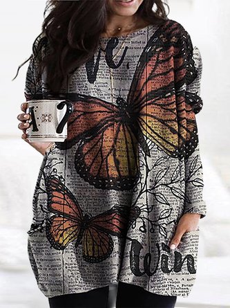 Plus Size Jersey Casual Crew Neck Newspaper Dress