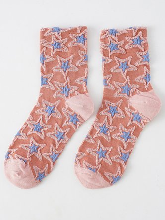 Casual Lace Stitching Cotton Star Pattern High Stretch Socks Daily Commuting Accessories