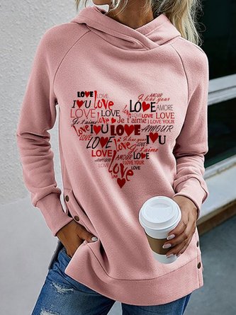 Love Heart Letters Long Sleeve Hoodie Casual Pink Tunic Sweatshirt