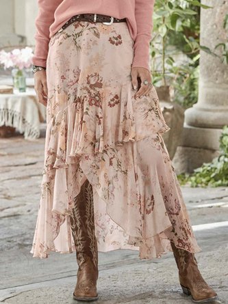 Loose Red Floral Chiffon Vacation Skirt
