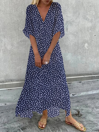 Plus Size Casual Polka Dots Short Sleeve V Neck Printed Dress
