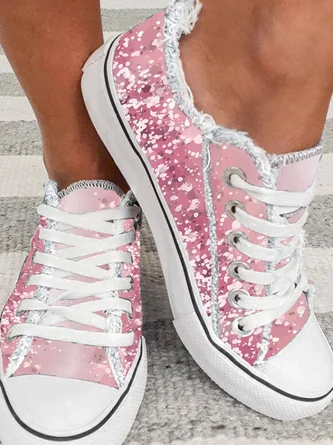 Pink Sequin Print Lace-up Canvas Shoes