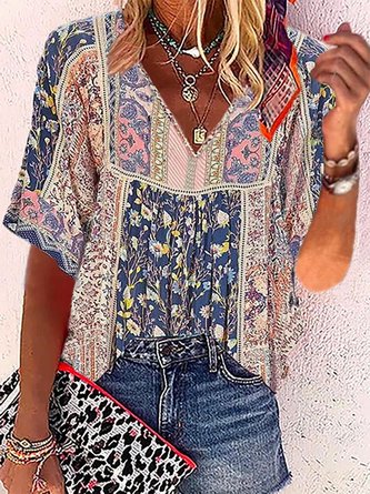 Plus Size Boho Floral Loose V Neck Top