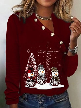Casual Loose Buttoned Christmas Long sleeve T-Shirt Xmas T-shirt