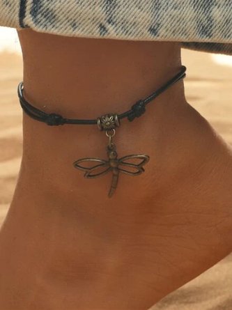 Boho Vintage Dragonfly Pattern Leather Rope Anklet Beach Vacation Jewelry