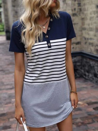 Striped Jersey Casual V Neck Dress