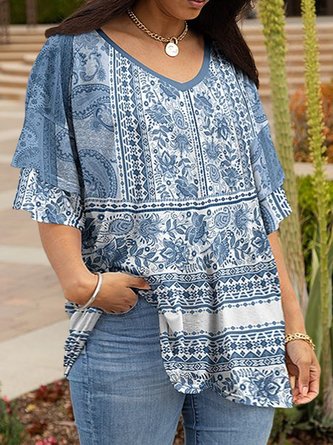 Plus Size Ethnic Loose Crew Neck T-Shirt