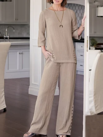 Crew Neck Plain Casual Two-Piece Set