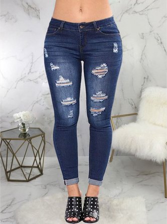 Plus Size Plain Casual Regular Fit Denim Jeans