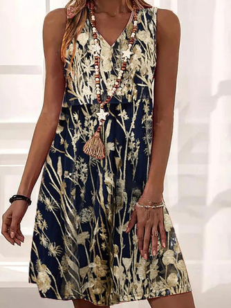Plus Size Vacation Plants Floral Loosen V Neck MidiSleeveless Knitting Dress